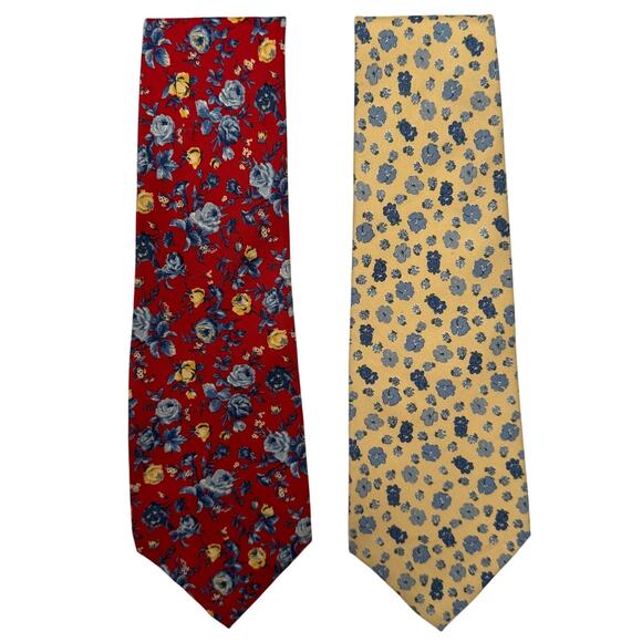 VTG LAUREN RALPH LAUREN Silk Floral Tie Duo 90s Classic Preppy Light Academia - Picture 2 of 2